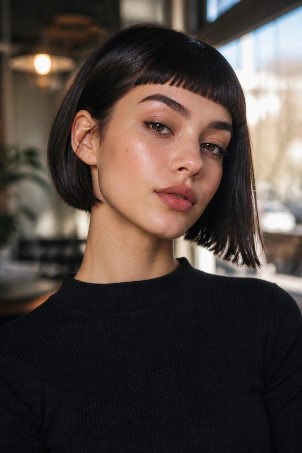 Close-up portrait of a real person with graphic baby bangs and an asymmetrical bob in warm window light