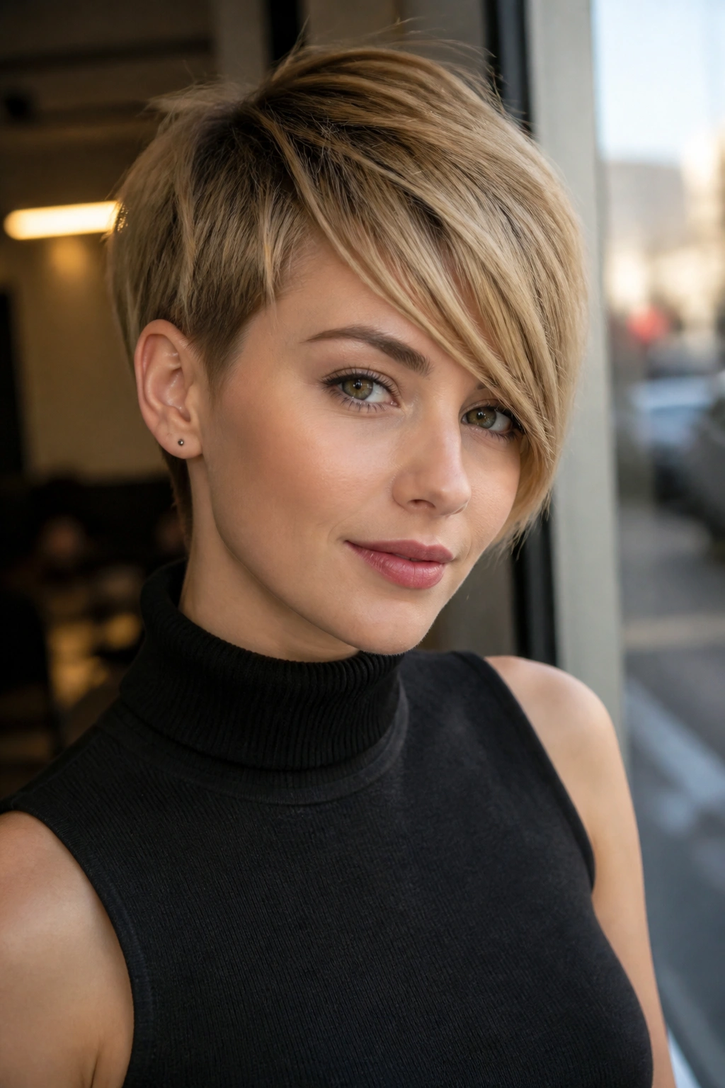 Portrait of a real woman with a graphic pixie and side-swept fringe