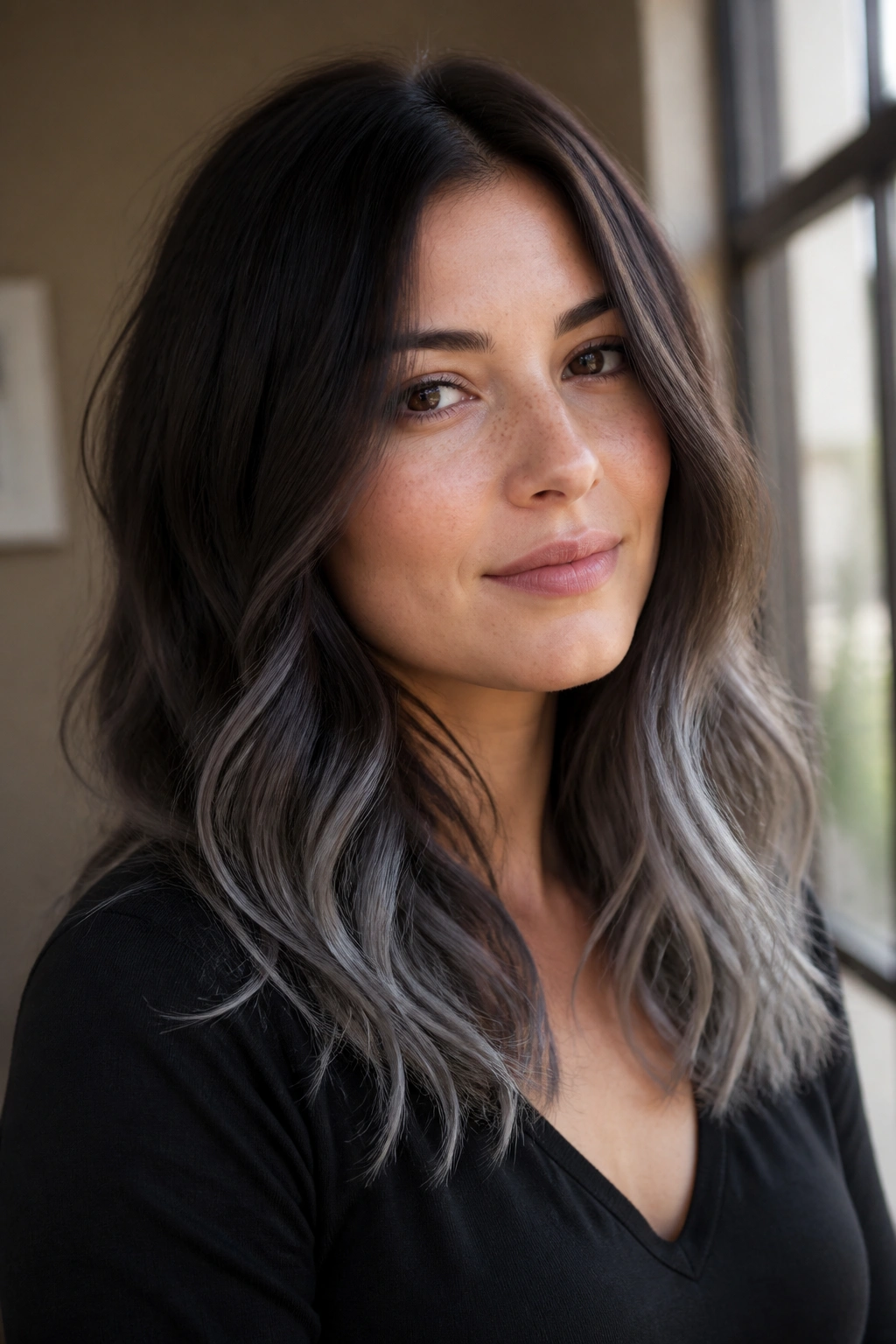 Close-up of a real woman with graphite silver ends on dark brown hair