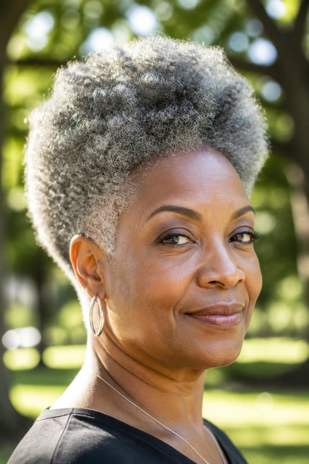 Portrait of a woman with natural gray afro and tapered coils.