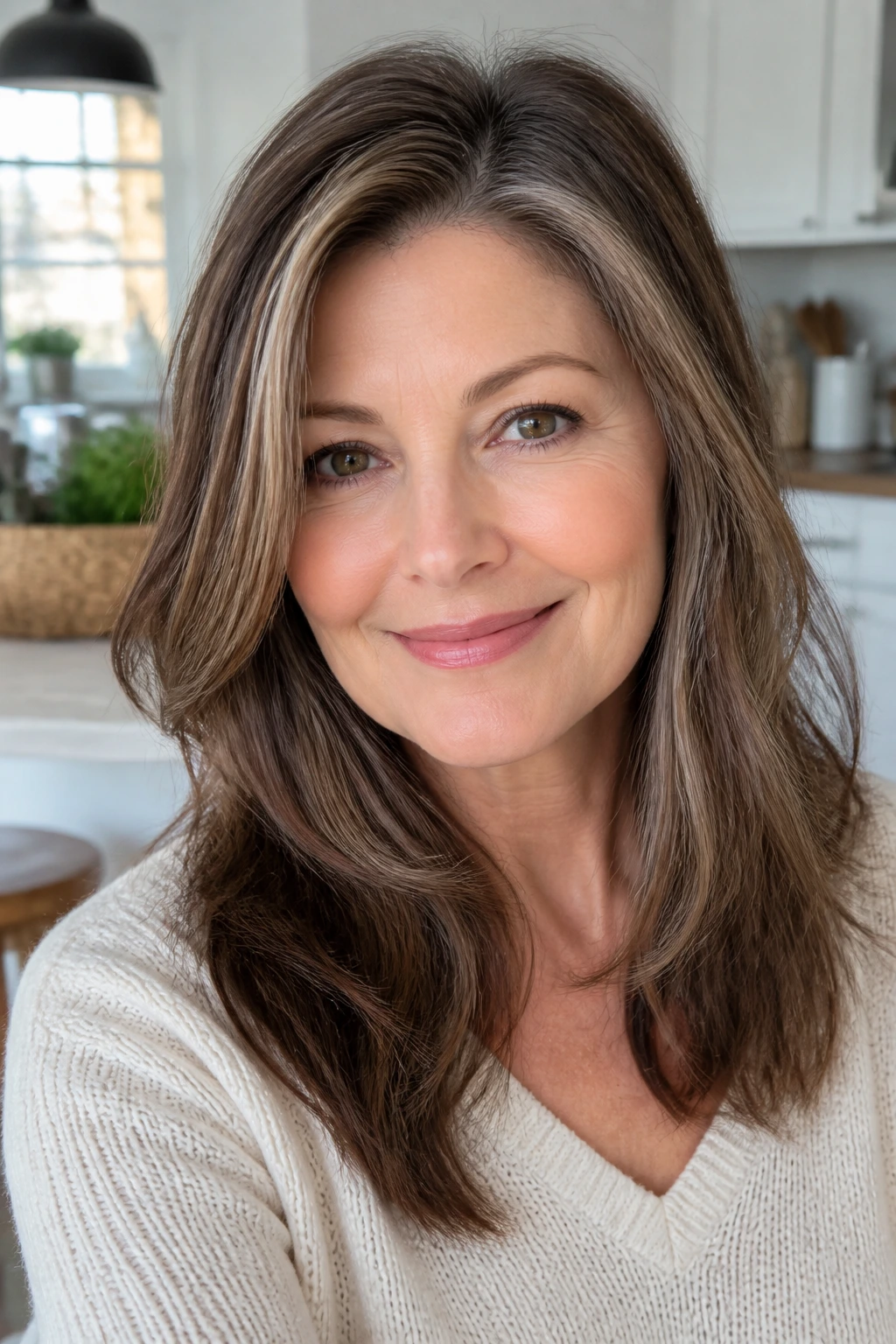 Close-up portrait of a real woman with gray-blend brunette hair in bright daylight