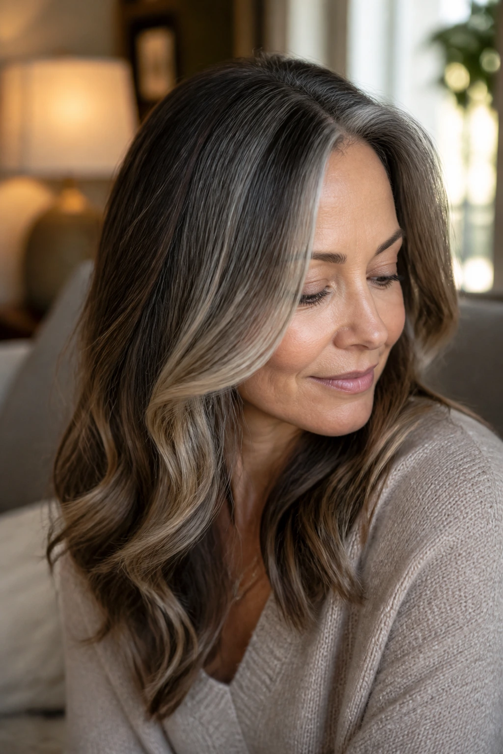 Salt-and-pepper hair with smoky caramel melt blending gray strands in a cozy room.
