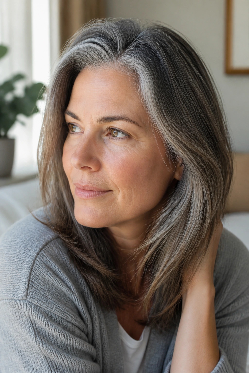 Close-up of a real person with seamless gray blending for grow-out