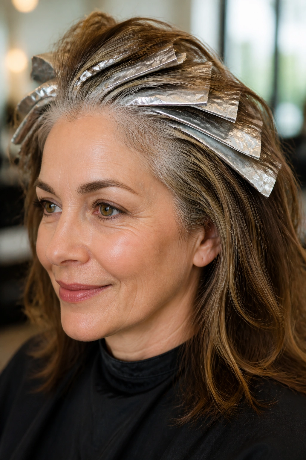 Close-up portrait of a real woman showing gray blending with micro-foils at the temples in a salon