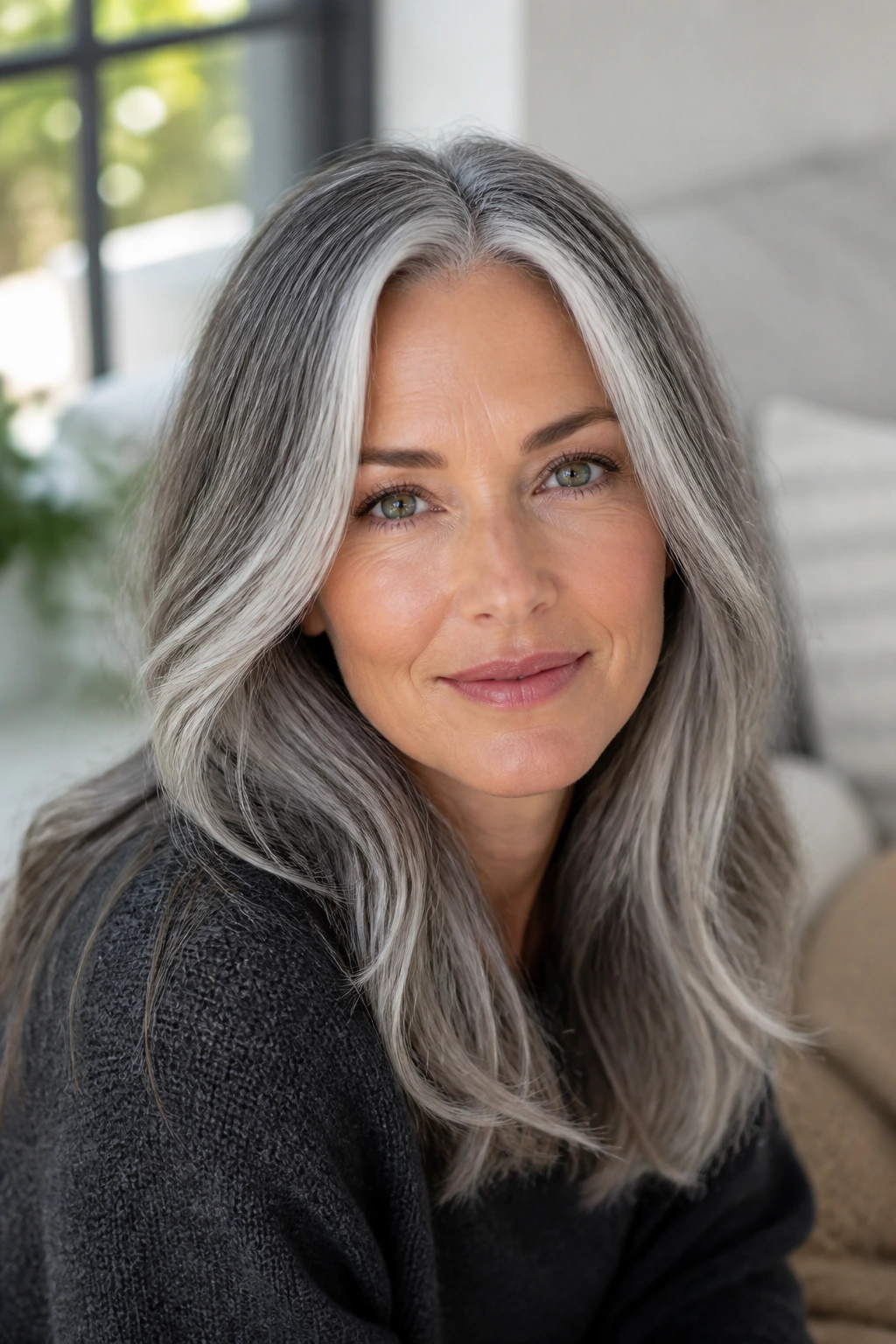 Real woman with gray-blended hair accented by silver ribbons.