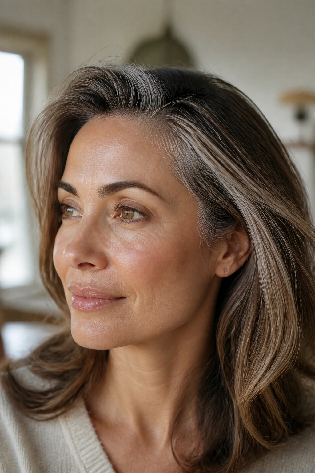 Side/front close-up showing fine woven gray strands blended into hair