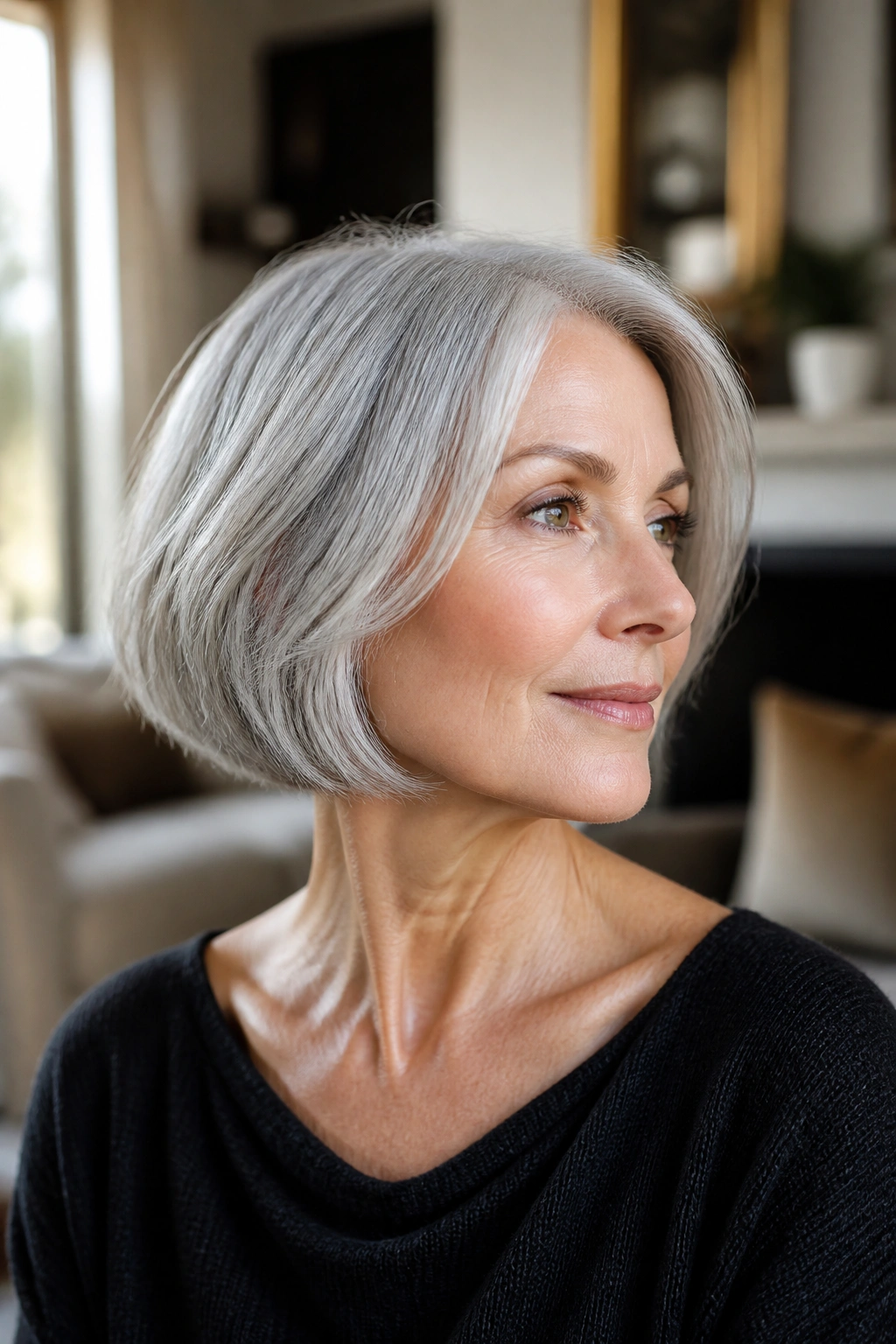 Close-up portrait of a woman with a gray French bob at the jawline in a cozy room