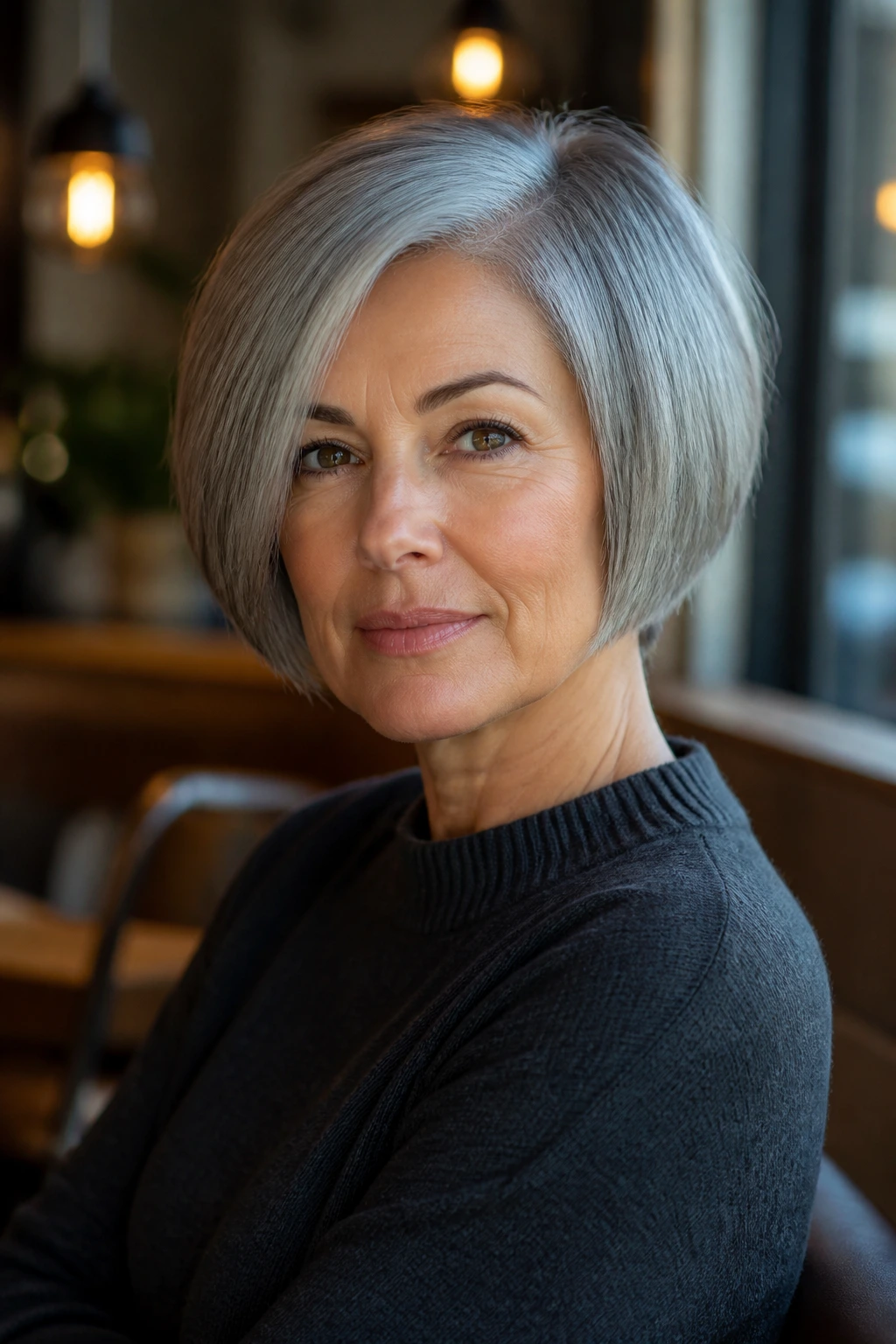 Close-up portrait of a real woman with a bold gray short haircut in a warm cafe setting.