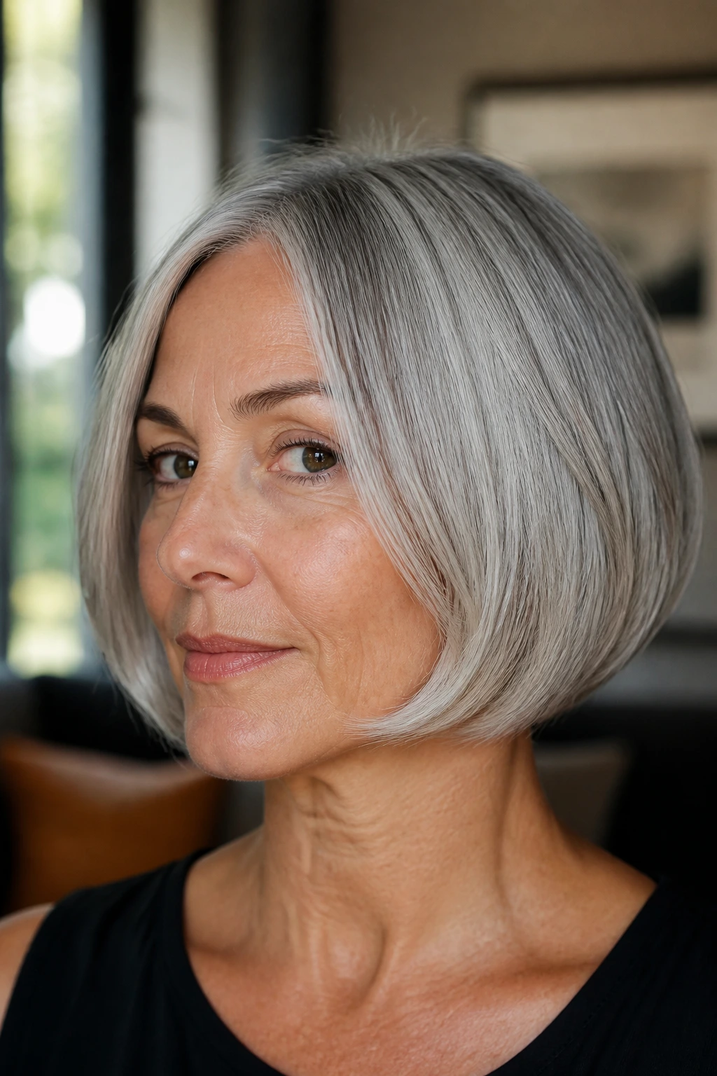 Close-up portrait of a real woman with a short gray bob blending naturally in soft window light