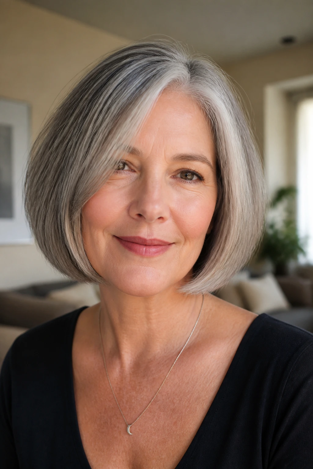 Close-up portrait of a real woman with a gray bob and tucked ends