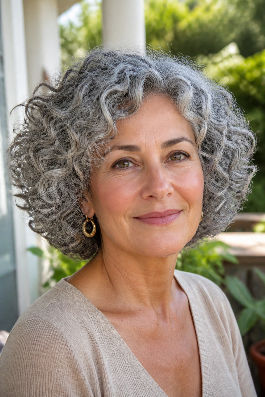 Portrait of a real woman with natural gray curls in a rounded shape