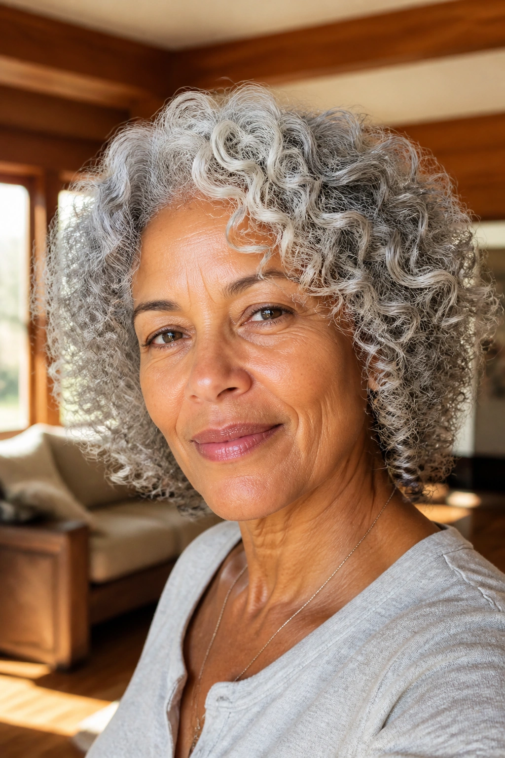 Portrait of a woman with gray natural curls in a wash-and-go cut