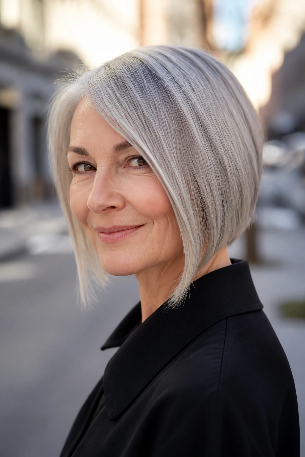 Close-up of a real woman with an angled bob in gray hair