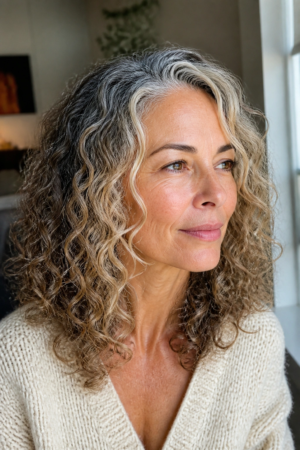 Close-up of a real person with gray hair and beige blonde face-framing ribbons.