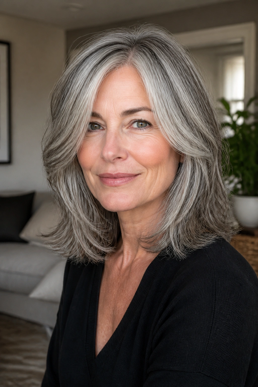 Close-up of a woman with shoulder-length cut blending gray hair in a cozy living room