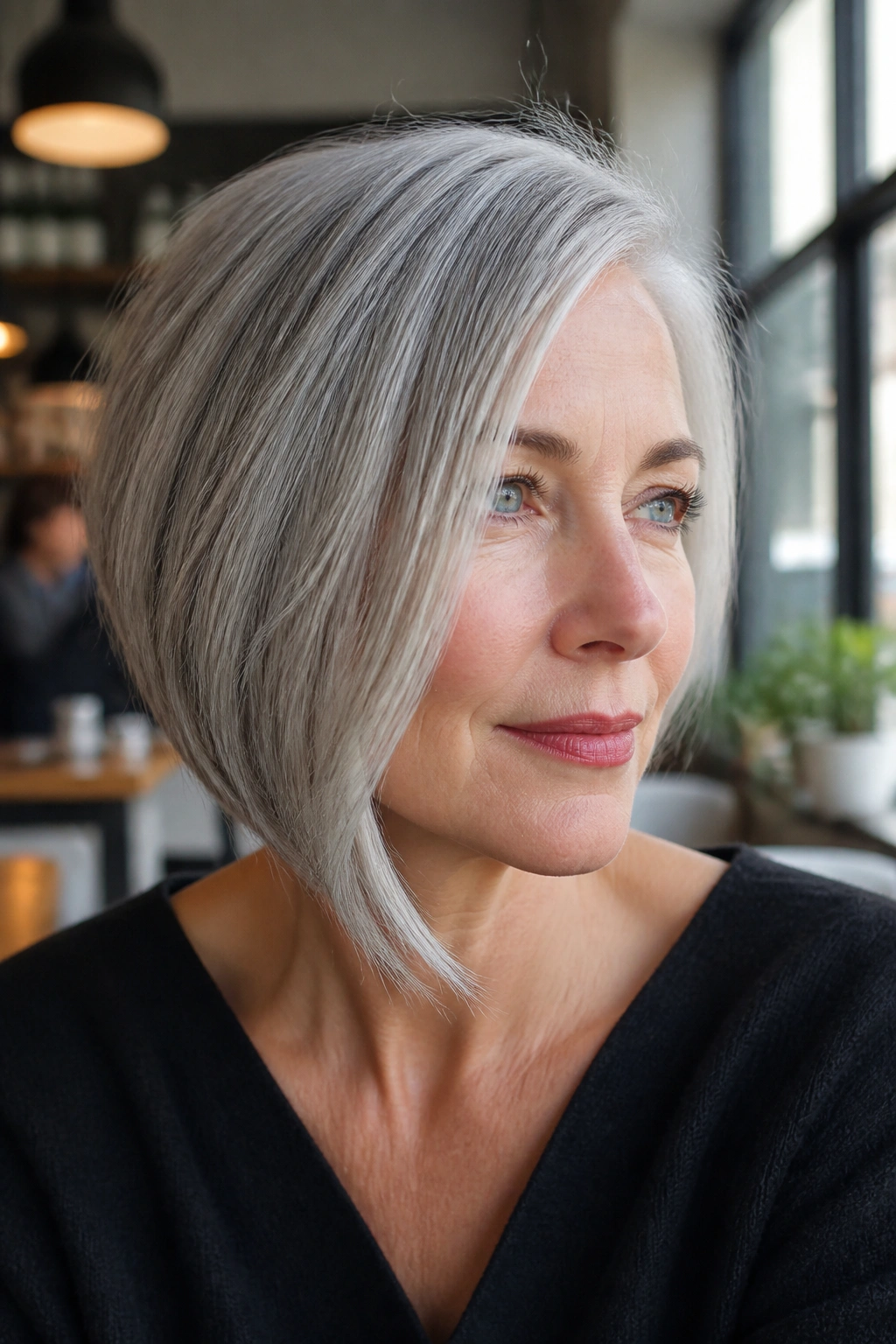Portrait of a woman with asymmetrical gray bob and longer side in cafe light