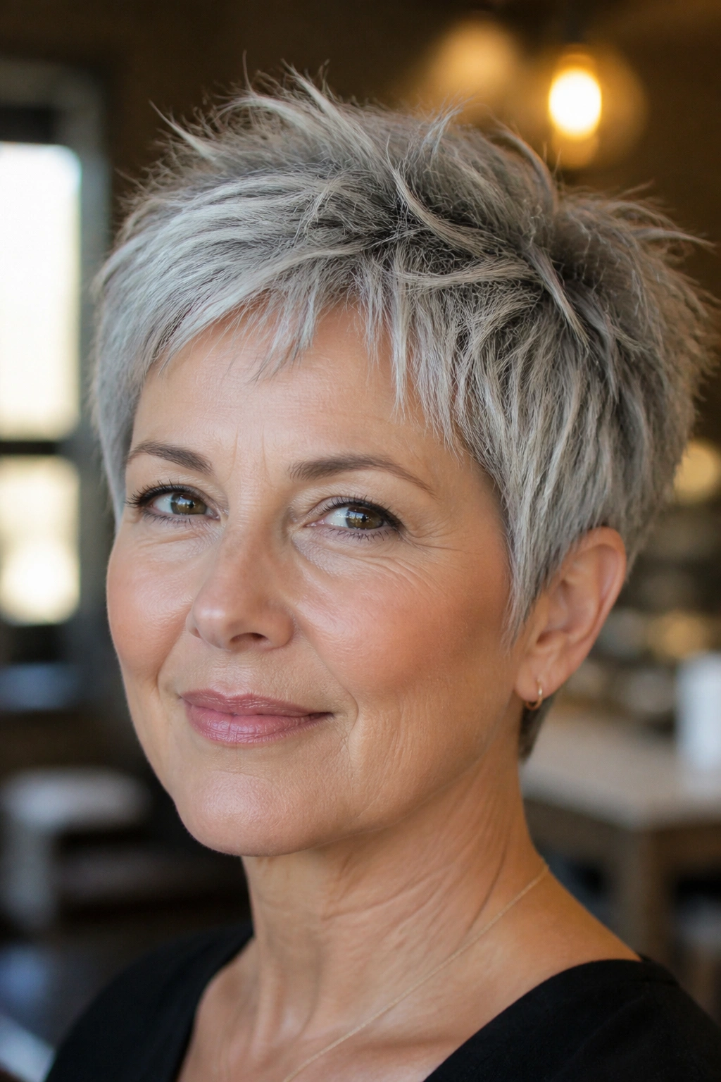 Close-up of a real woman with a short gray choppy textured crop
