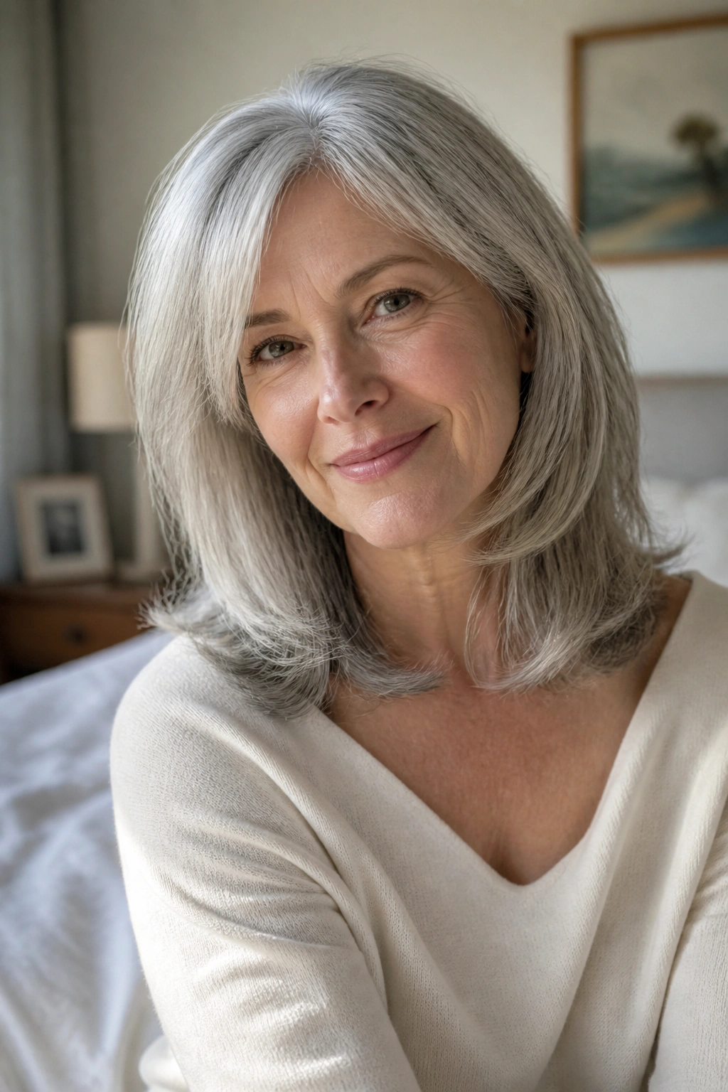 Close-up portrait of a real woman with gray collarbone-length layered hair in a bedroom setting