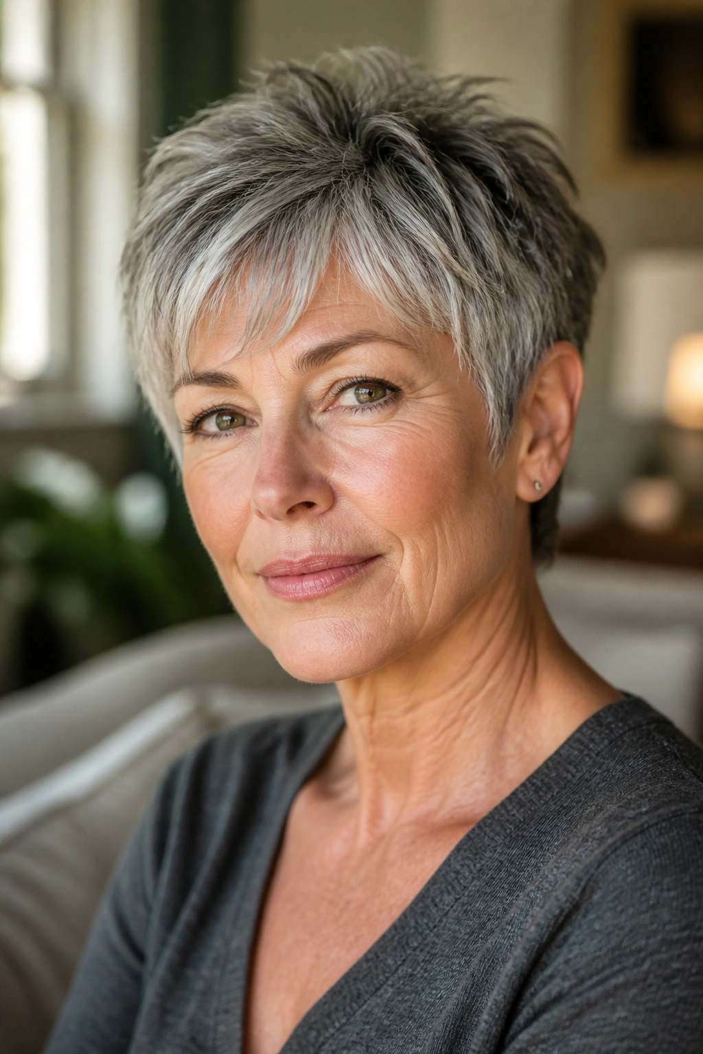 Close-up portrait of a real middle-aged woman with a soft crop for gray hair, highlighting face-framing crop and gray texture