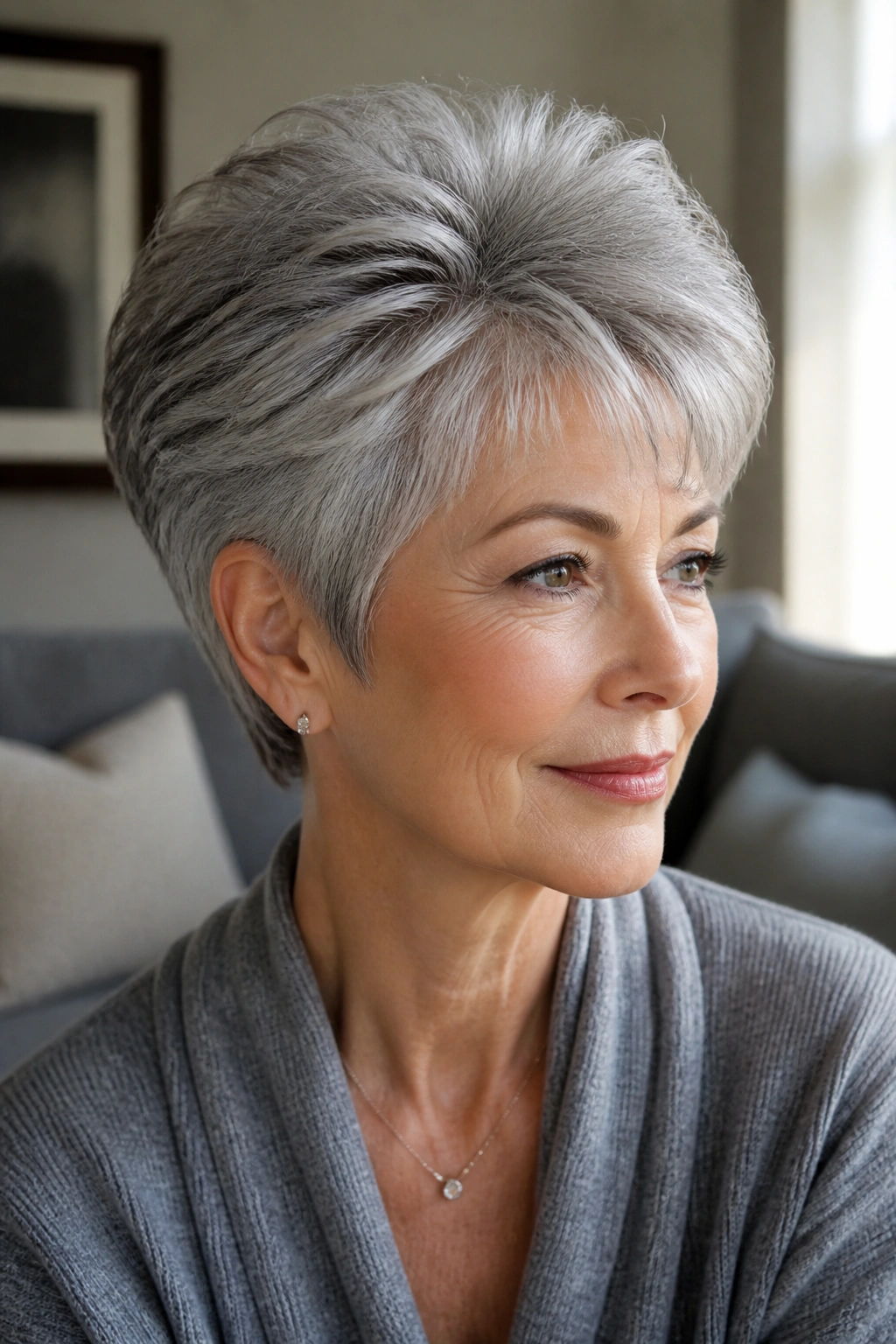 Real woman with voluminous crown cut and ear-length sides