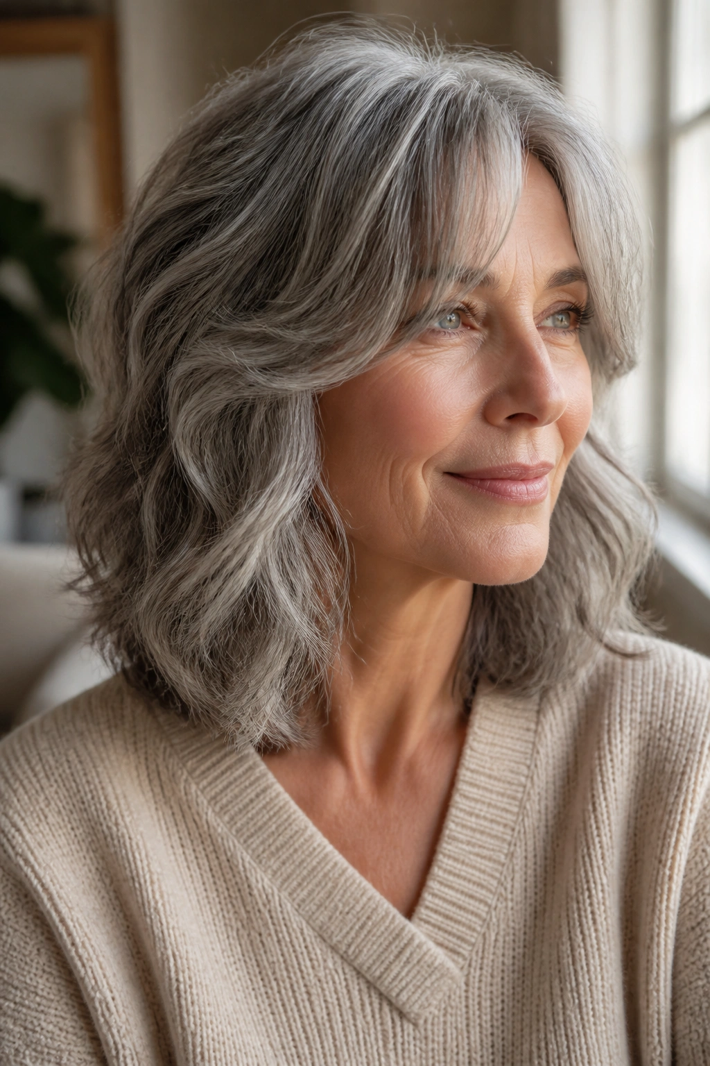 Portrait of a woman with wavy mid-length gray hair and curtain bangs in natural light