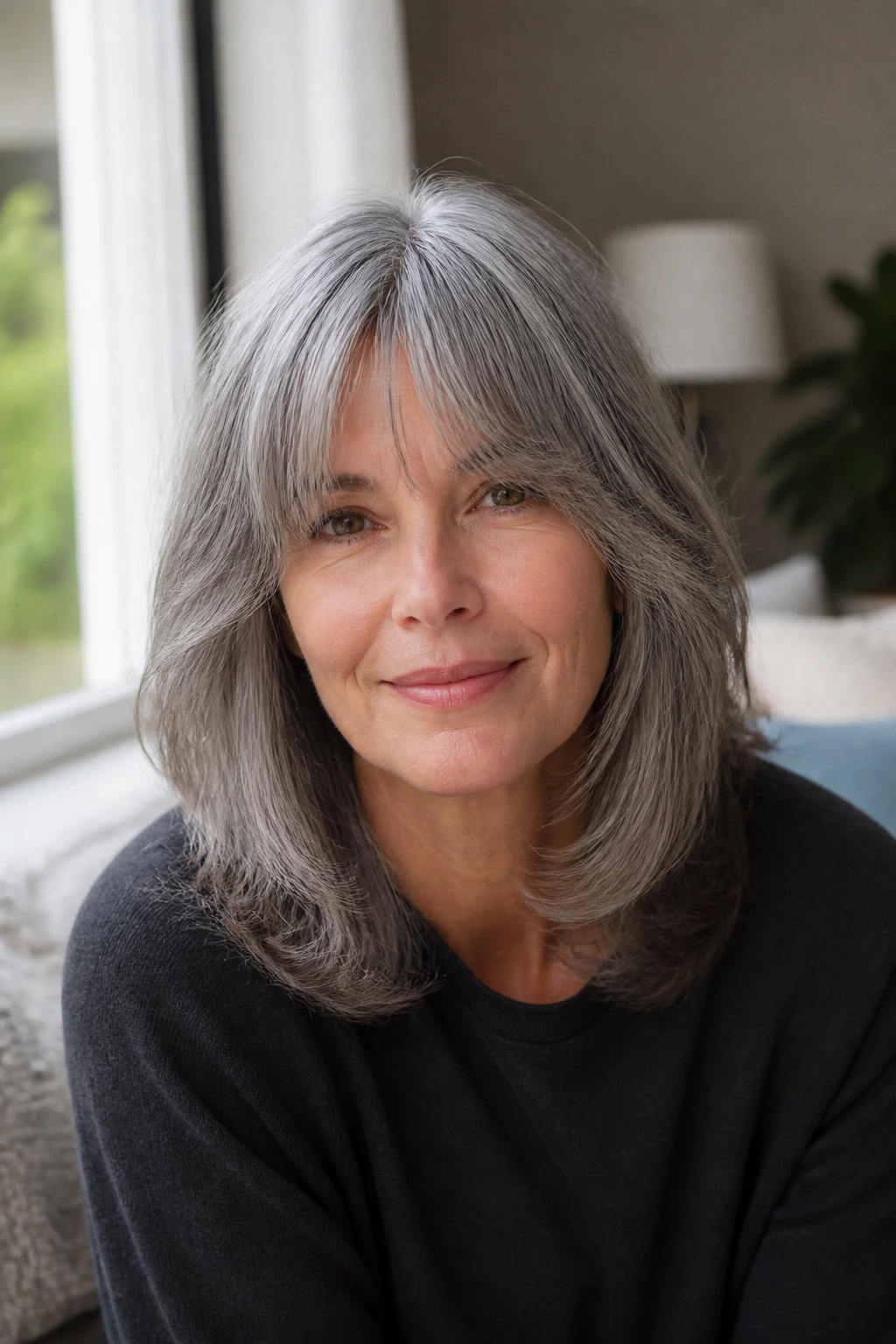 Real woman with long feathered bangs and layered gray hair