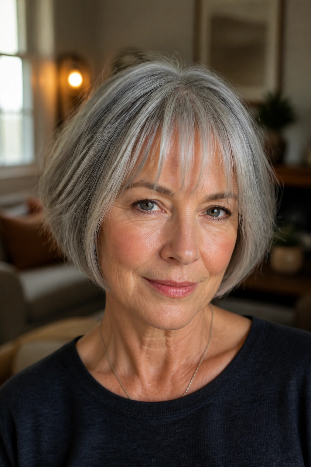 Real woman with jaw-length French bob and wispy fringe in warm window light