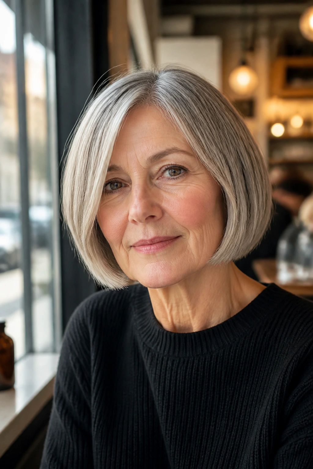 Close-up of a real woman with a classic French bob on gray hair
