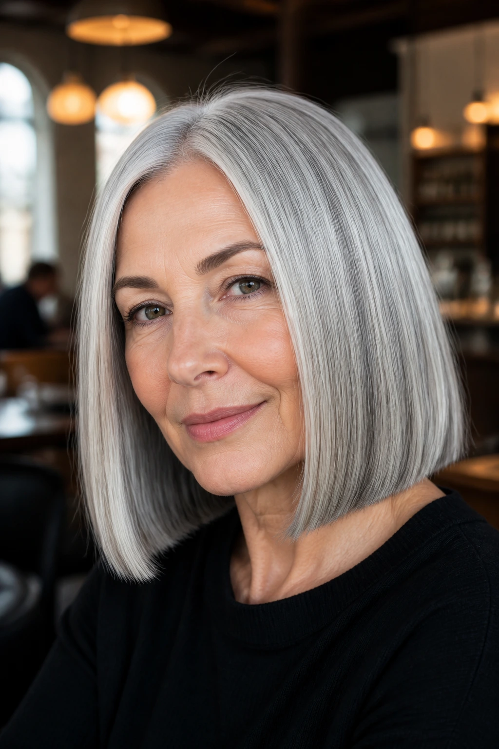 Close-up portrait of a real woman with a polished glass-hair lob and shiny gray hair in a cafe setting