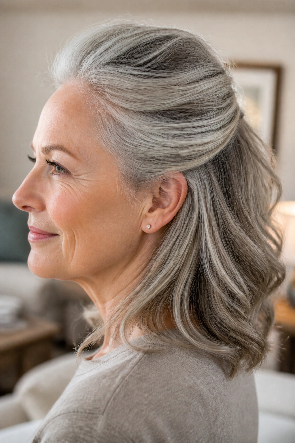 Real woman wearing a half-up crown lift with loose ends