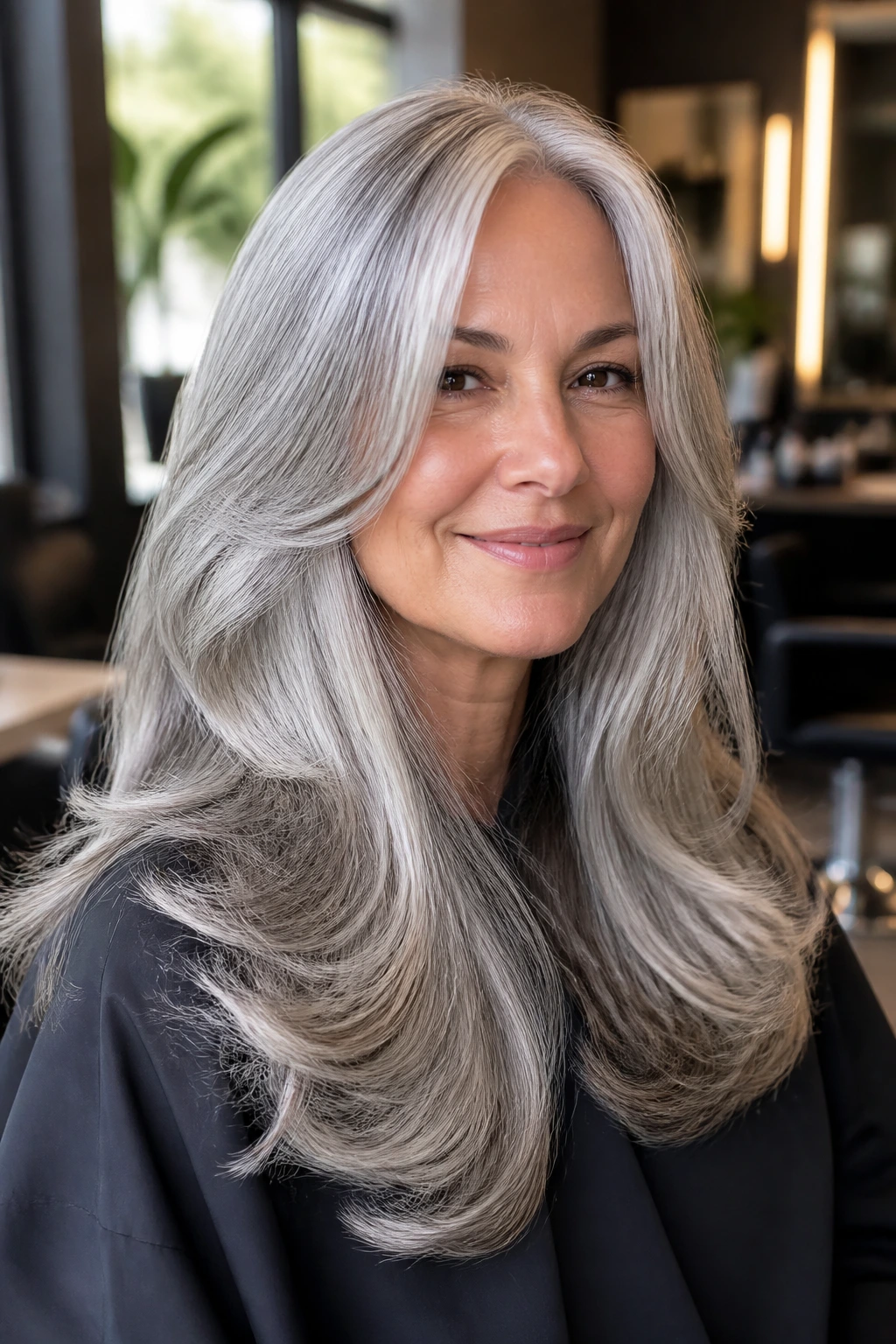 Close-up of a real woman with long gray hair styled in layered, polished blowout.