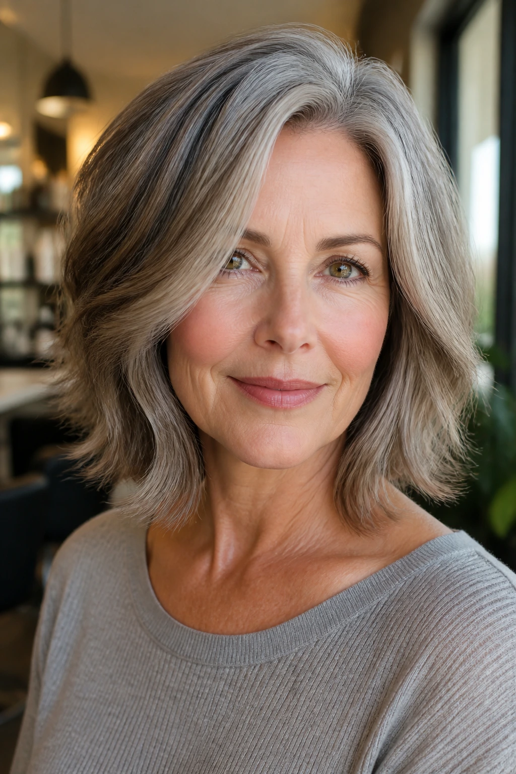 Close-up portrait of a real woman with gray blending layered lob and silver hair