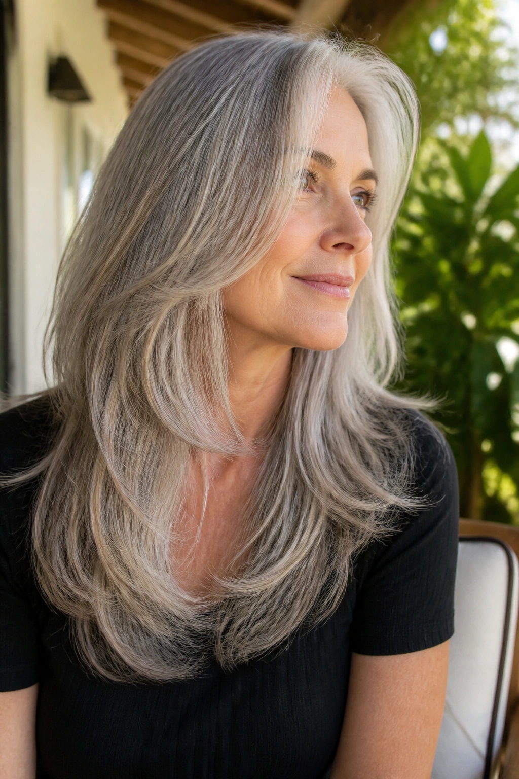 Portrait of an older woman with long gray hair and airy ends in bright daylight