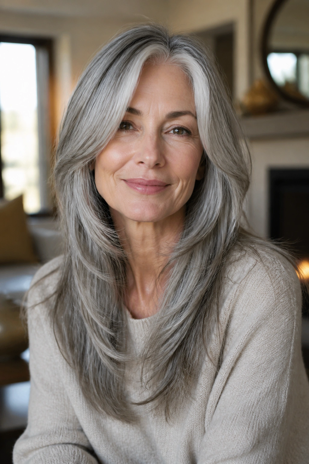 Close-up of an older woman with gray hair in long layers that frame the face.