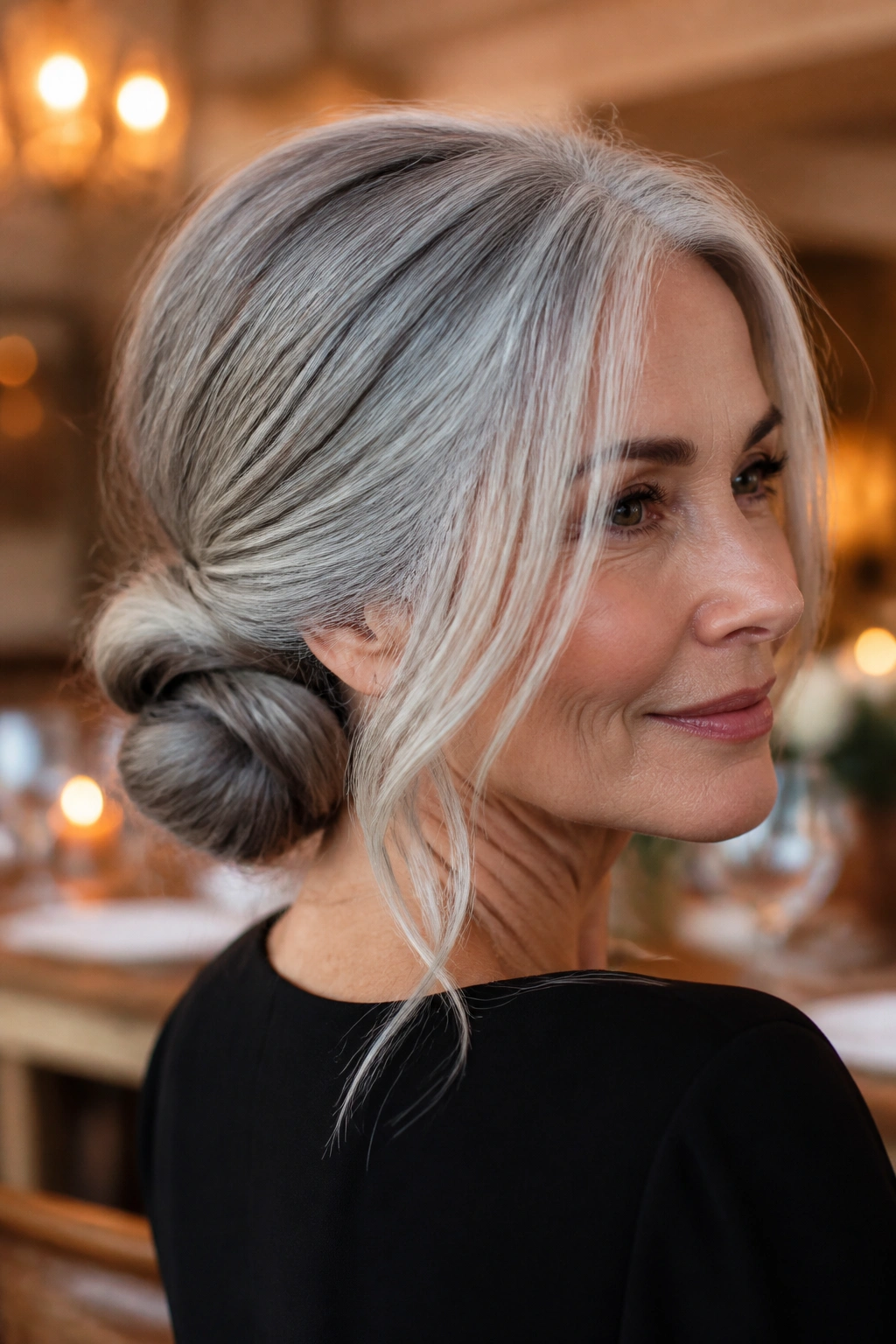 Real woman wearing a twisted low chignon with long face-framing pieces