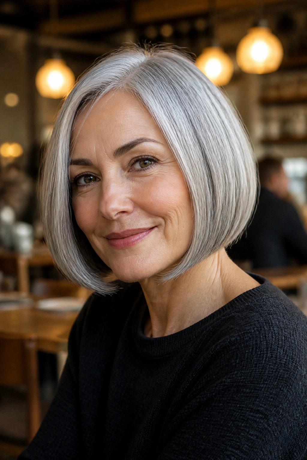 Portrait of a woman with modern pageboy rounded ends in warm indoor light