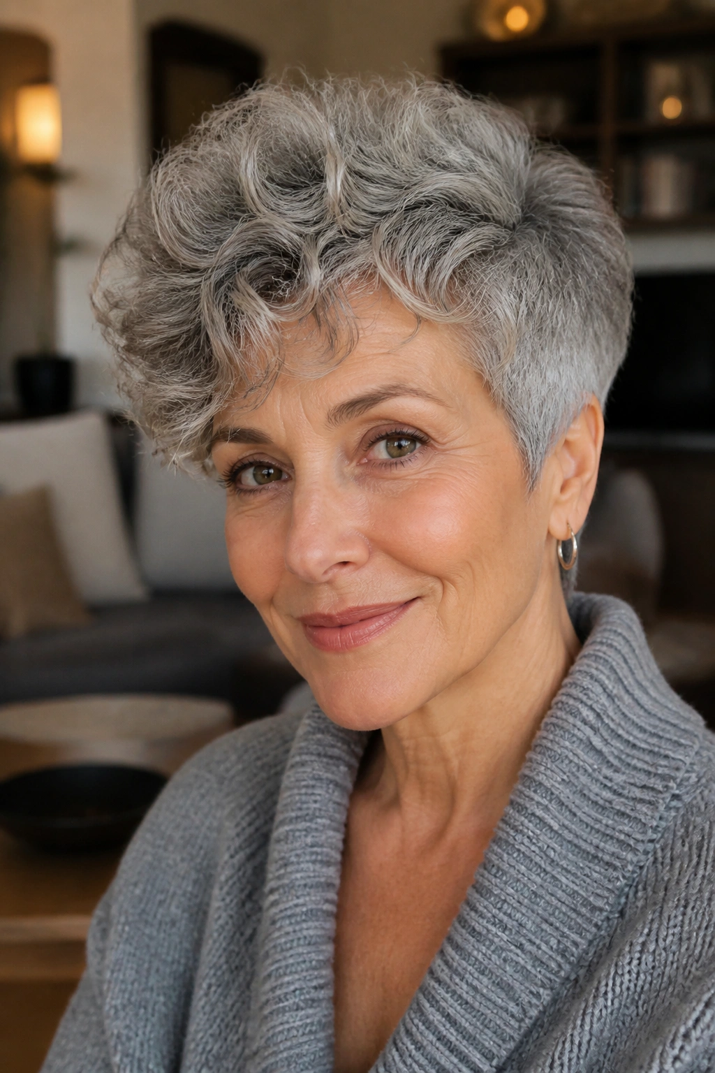 Close-up portrait of a real woman with a short gray crop featuring bouncy curls in warm window light