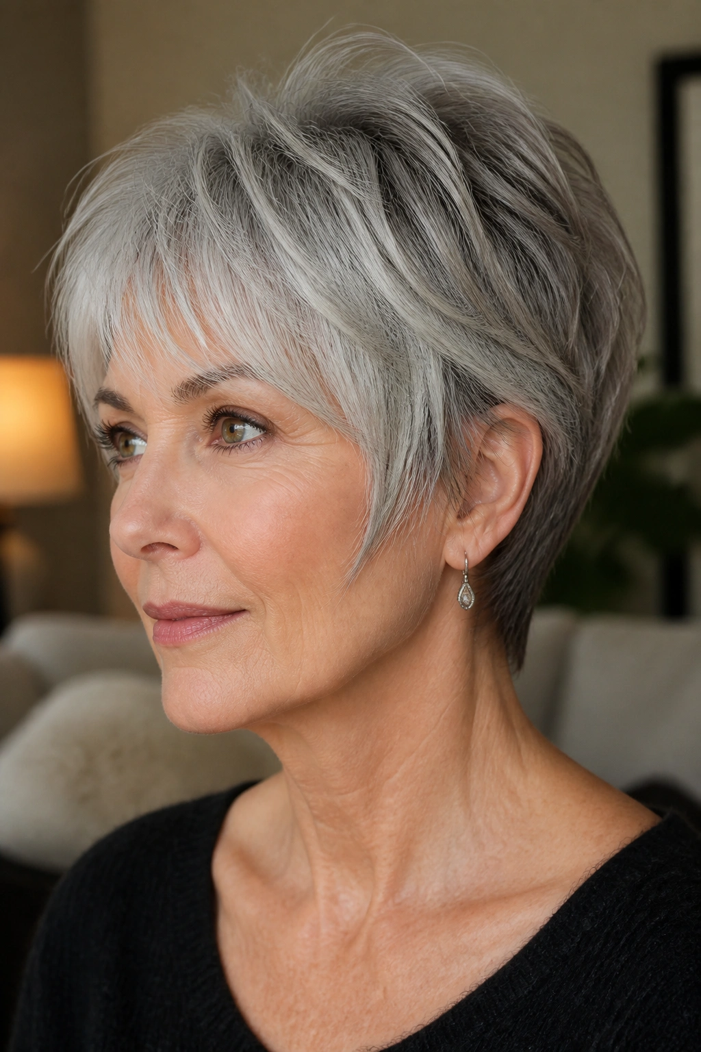 Close-up portrait of a real woman with pixie-bob hybrid hair and razored ends