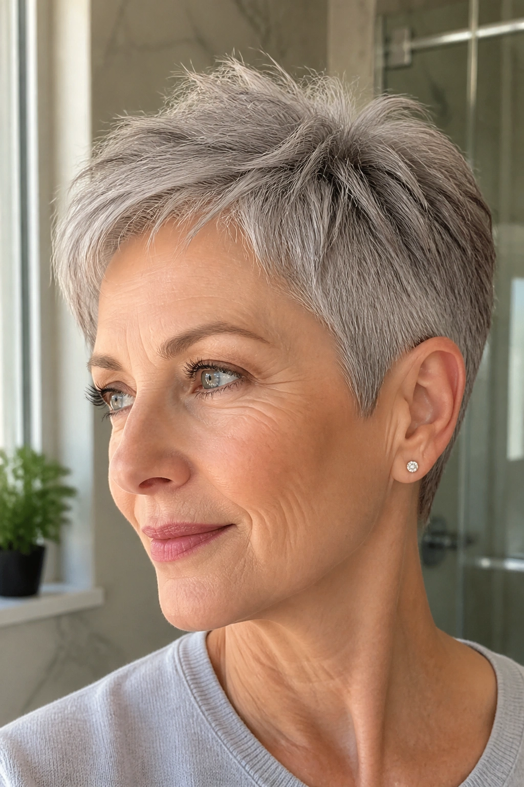Close-up of a real woman with a feathered pixie on gray hair