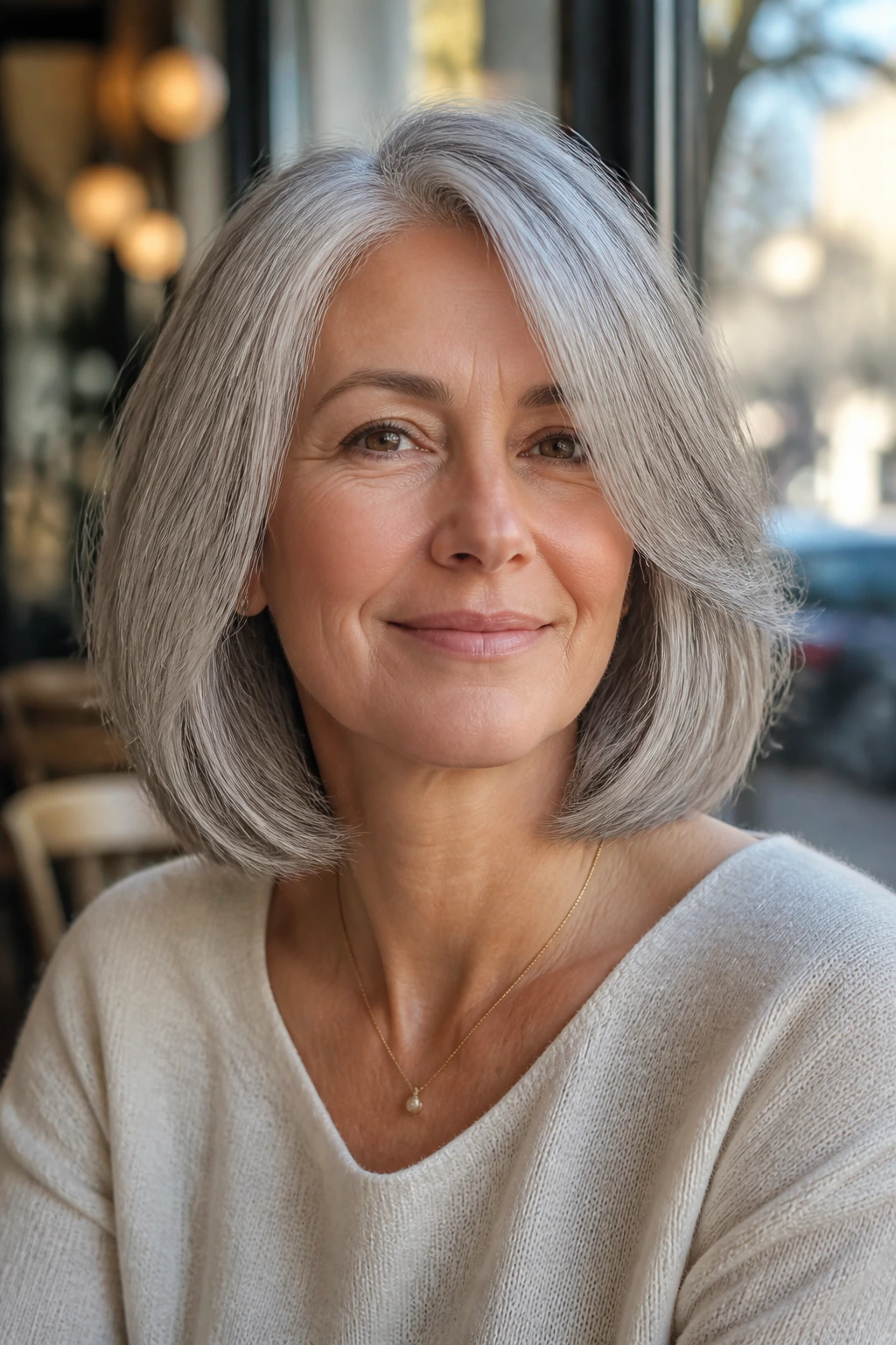 Close-up portrait of a real woman with a rounded mid-length gray haircut