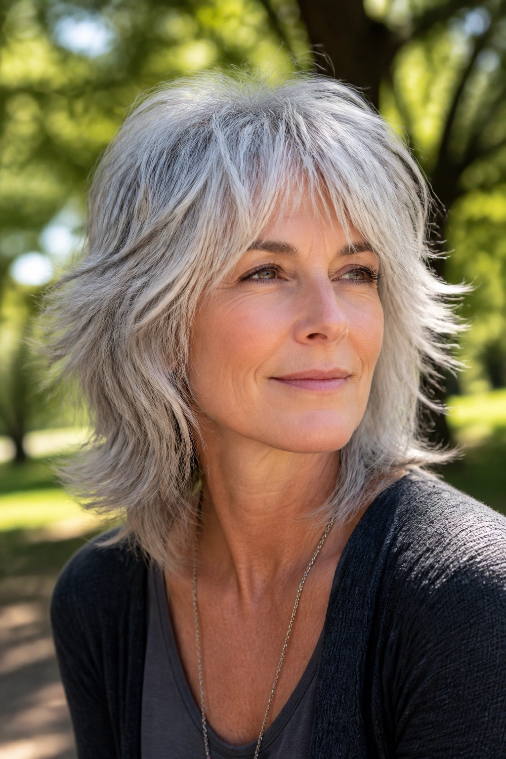 Portrait of a woman with razor-cut shag and airy movement in natural light