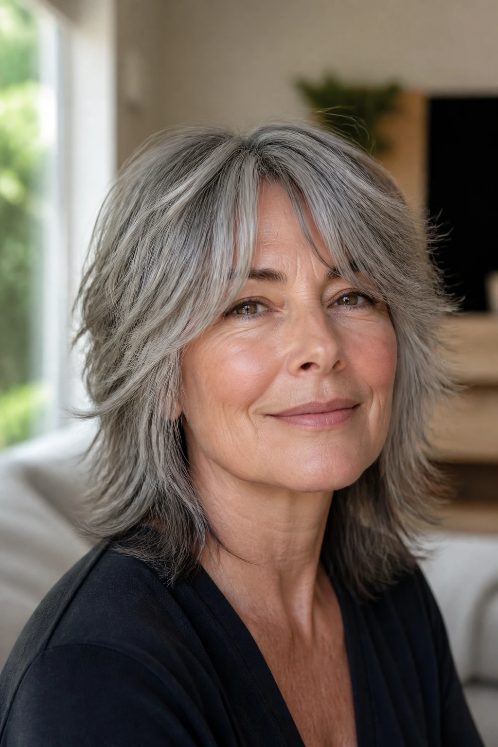 Close-up of a real woman with a gray shaggy mid-length cut and choppy ends in warm daylight