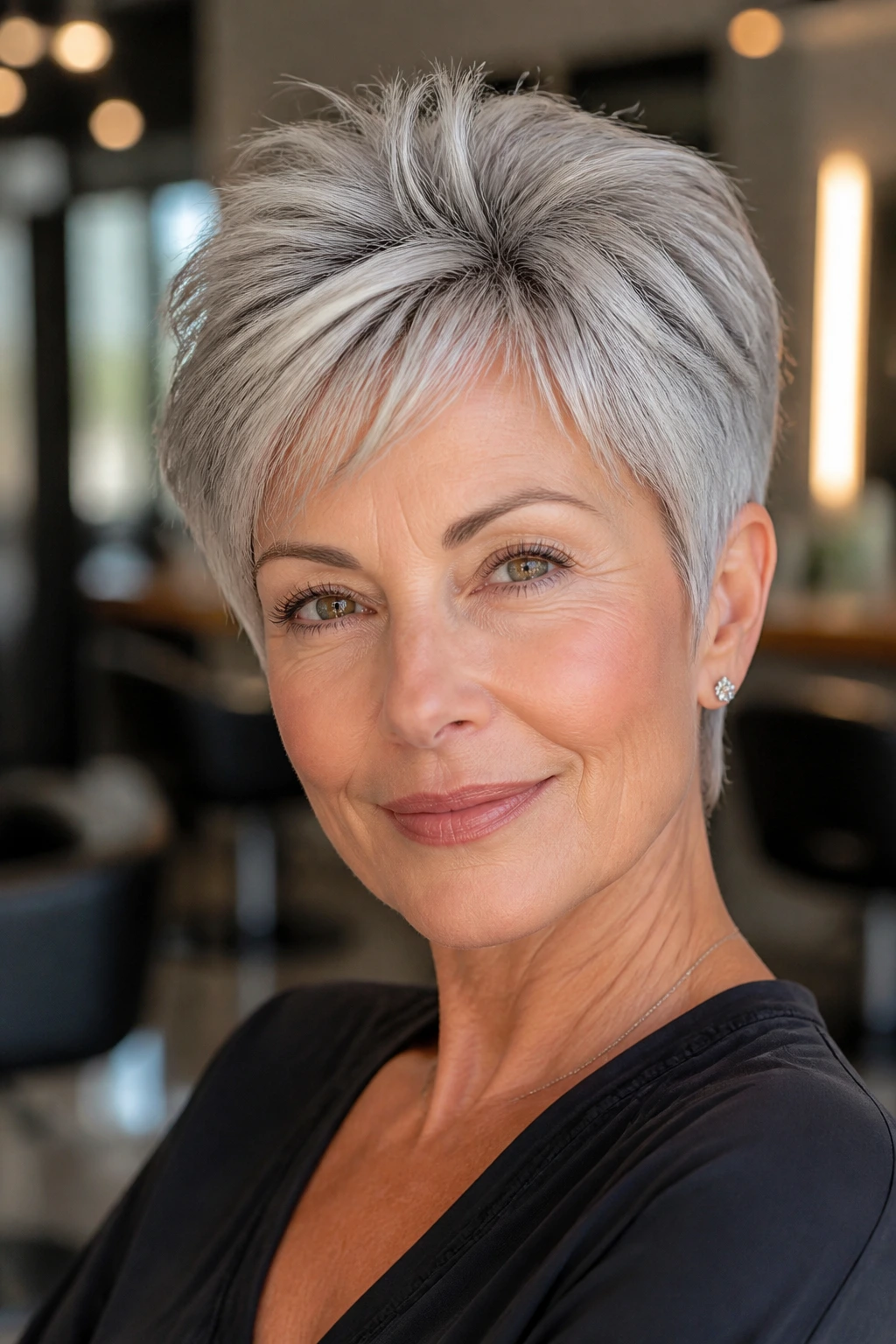 Close-up portrait of a real woman with a short layered crop and crown lift in gray hair