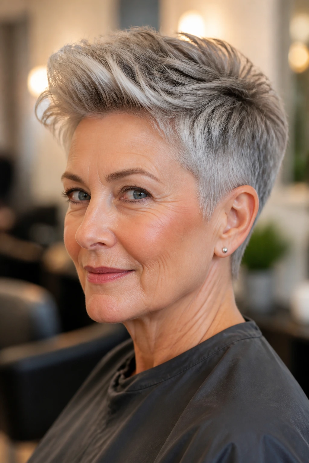 Close-up of a real woman with a short gray textured-top haircut