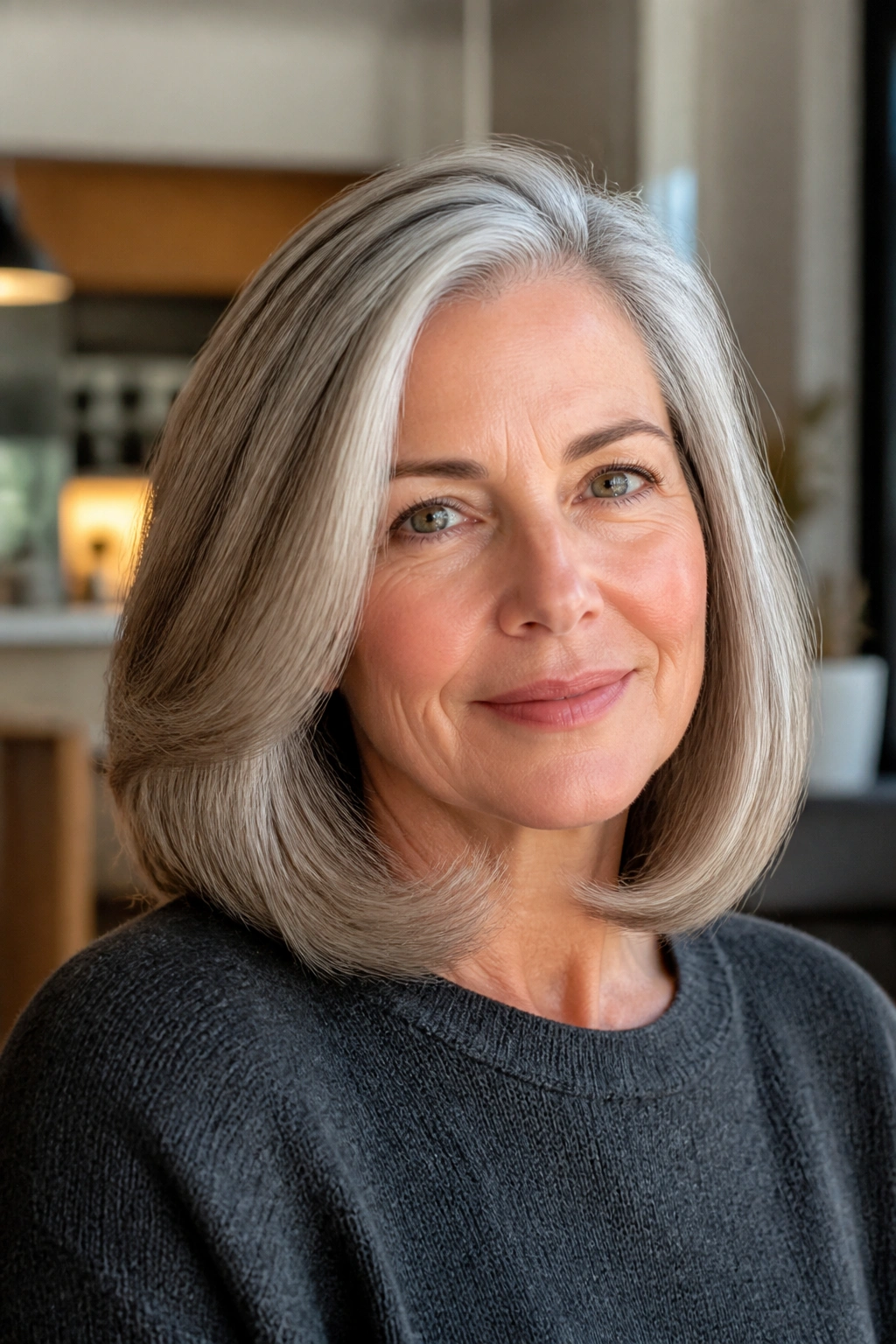 Real woman with sleek shoulder-length gray hair and bent ends