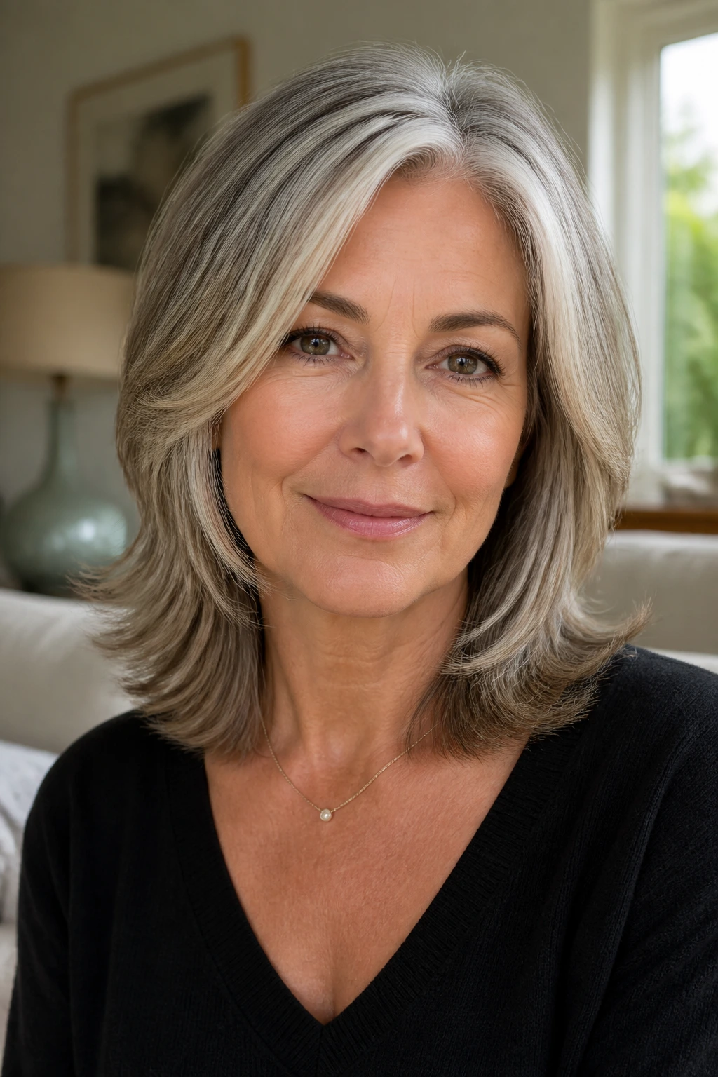 Close-up portrait of a gray-haired woman with shoulder-length cut and face-framing layers
