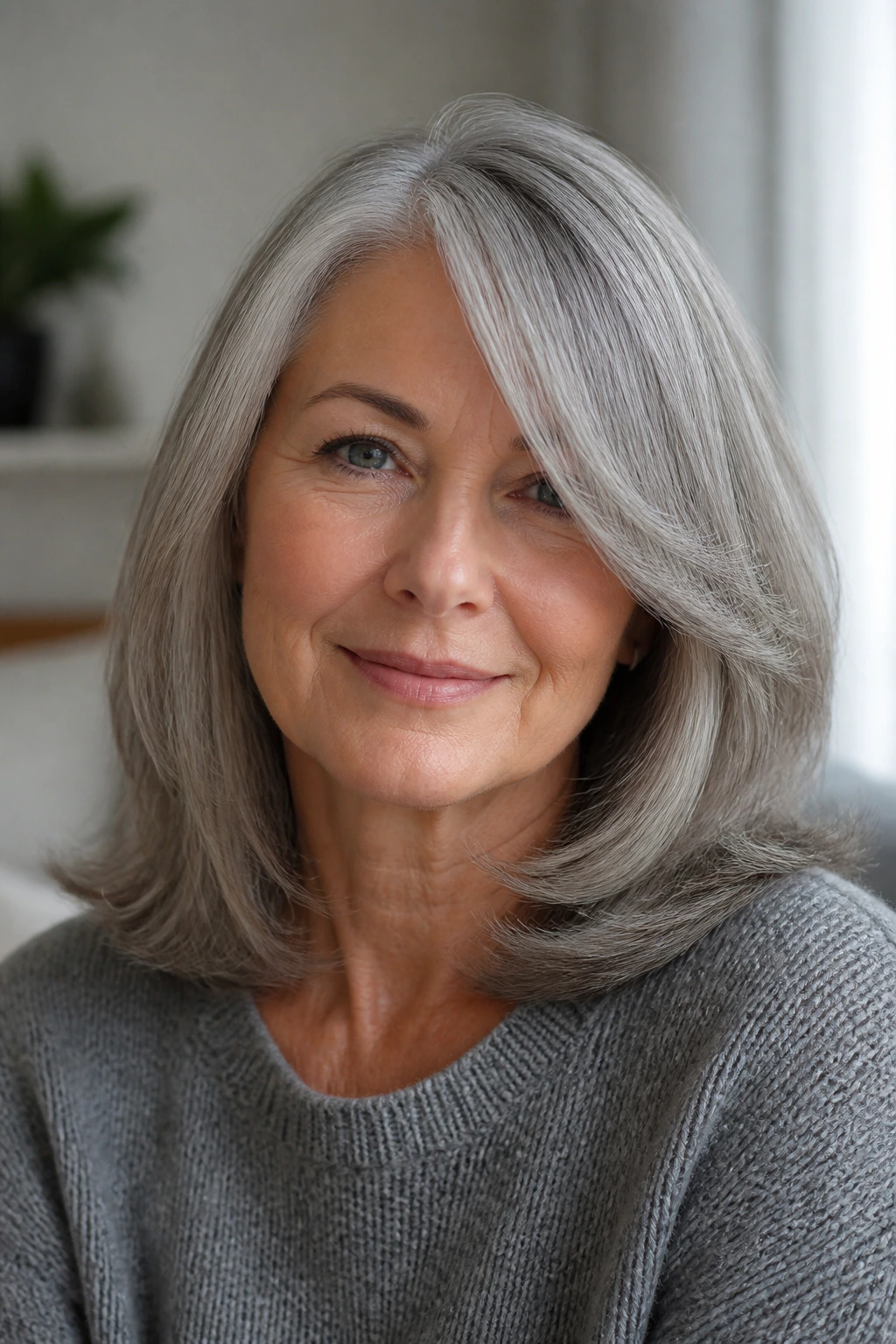Close-up of a real woman with mid-length gray hair swept to the side with soft ends.