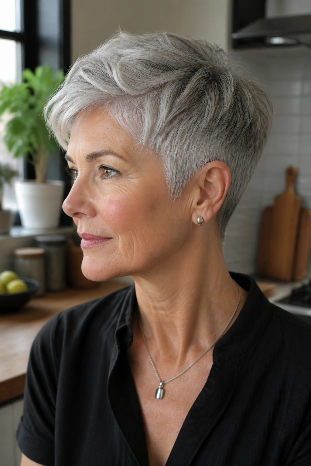 Head-and-shoulders portrait of a real woman with a gray tapered crop.