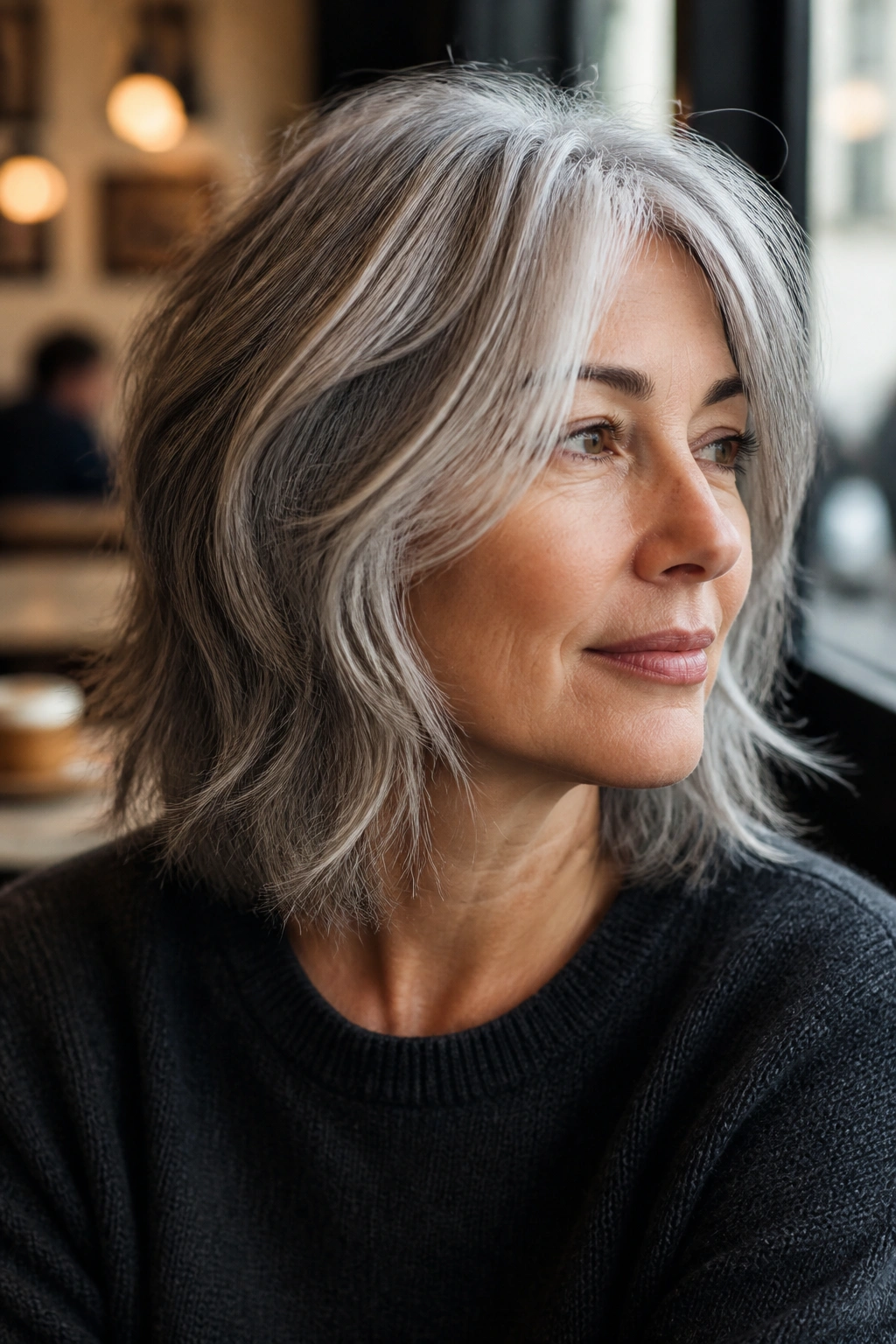 Close-up of a real woman with choppy gray midi cut and textured hair