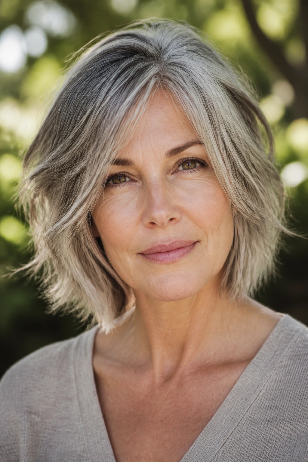 Close-up portrait of a real woman with a tousled lob and piecey ends in gray hair outdoors